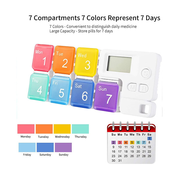 7 Days Pill Dispenser Organizer with Reminder Alarm - CozyCabin Portable Travel Vitamins Medicine Box Case (Rainbow) - mobile shop in Hamra, Beirut, Lebanon. New and used phones, iPhone, Samsung, Huawei, Xiaomi, Oppo, Realme, Honor, Google Pixel, tablets, laptops, computers, and accessories. متجر موبايلات في الحمرا، بيروت، لبنان. هواتف جديدة ومستعملة، آيفون، سامسونج، هواوي، شاومي، أوبو، ريلمي، هونر، جوجل بيكسل، أجهزة لوحية، لابتوبات، كمبيوترات، واكسسوارات.