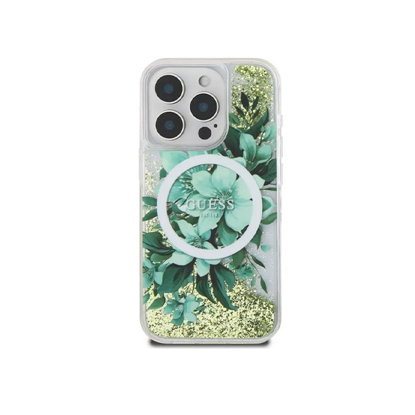 Guess Magsafe Liquid Glitter Hard Case With Flower Design For iPhone 16 Pro Max - Green, mobiles, lebanon, samsung, iphones, new, used, laptops, computers, huawei, phone, mobile prices in lebanon,mobile prices