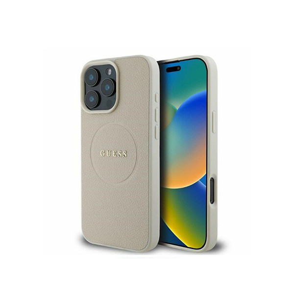 Guess Magsafe PU Grained Hard Case With Gold Ring For iPhone 16 Pro - Beige, mobiles, lebanon, samsung, iphones, new, used, laptops, computers, huawei, phone, mobile prices in lebanon,mobile prices