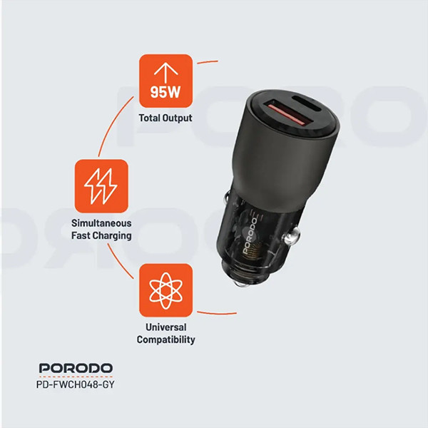 Porodo 96W  Transparent USB-A+C Port Car  Charger - Grey - mobile shop in Hamra, Beirut, Lebanon. New and used phones, iPhone, Samsung, Huawei, Xiaomi, Oppo, Realme, Honor, Google Pixel, tablets, laptops, computers, and accessories. متجر موبايلات في الحمرا، بيروت، لبنان. هواتف جديدة ومستعملة، آيفون، سامسونج، هواوي، شاومي، أوبو، ريلمي، هونر، جوجل بيكسل، أجهزة لوحية، لابتوبات، كمبيوترات، واكسسوارات.