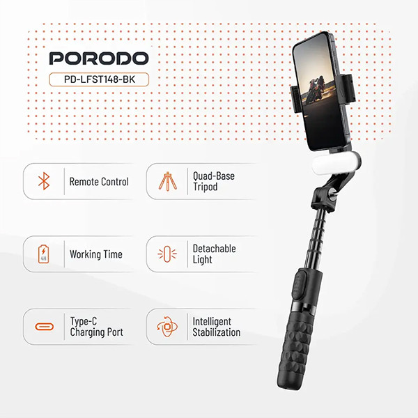 Porodo QuadBase Gimbal Stabilizer Selfie Stick Tripod with Fill Light & Detachable Remote - Black - mobile shop in Hamra, Beirut, Lebanon. New and used phones, iPhone, Samsung, Huawei, Xiaomi, Oppo, Realme, Honor, Google Pixel, tablets, laptops, computers, and accessories. متجر موبايلات في الحمرا، بيروت، لبنان. هواتف جديدة ومستعملة، آيفون، سامسونج، هواوي، شاومي، أوبو، ريلمي، هونر، جوجل بيكسل، أجهزة لوحية، لابتوبات، كمبيوترات، واكسسوارات.