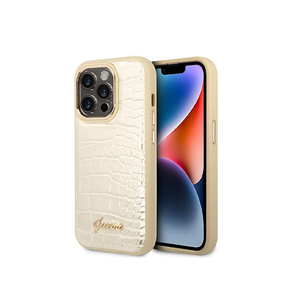 Guess PU Croco Hard Case With Script Logo For iPhone 16 Pro- Gold, mobiles, lebanon, samsung, iphones, new, used, laptops, computers, huawei, phone, mobile prices in lebanon,mobile prices