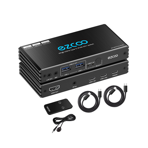 USB-C 8K HDMI KVM Switch 2x1, 4K 120Hz HDMI 2.1 KVM Type C KVM Switcher IR Remote L/R Audio Out, 2 USB-C IN 1 HDMI OUT, USB-C PD power on USB-C devices ezcoo - mobile shop in Hamra, Beirut, Lebanon. New and used phones, iPhone, Samsung, Huawei, Xiaomi, Oppo, Realme, Honor, Google Pixel, tablets, laptops, computers, and accessories. متجر موبايلات في الحمرا، بيروت، لبنان. هواتف جديدة ومستعملة، آيفون، سامسونج، هواوي، شاومي، أوبو، ريلمي، هونر، جوجل بيكسل، أجهزة لوحية، لابتوبات، كمبيوترات، واكسسوارات.
