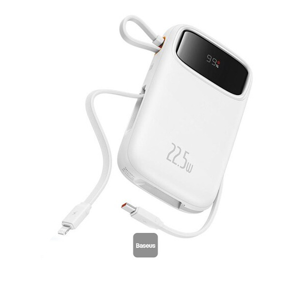 Baseus QPow2 10000mAh Digital Display Fast Charge Power Bank 22.5W With Built-in Dual-Cable Lightning And Type-C - White, mobiles, lebanon, samsung, iphones, new, used, laptops, computers, huawei, phone, mobile prices in lebanon,mobile prices