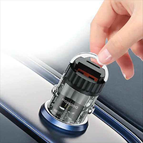 Porodo Dual Port  Transparent Car Charger With Pull  Ring Handle - Black - mobile shop in Hamra, Beirut, Lebanon. New and used phones, iPhone, Samsung, Huawei, Xiaomi, Oppo, Realme, Honor, Google Pixel, tablets, laptops, computers, and accessories. متجر موبايلات في الحمرا، بيروت، لبنان. هواتف جديدة ومستعملة، آيفون، سامسونج، هواوي، شاومي، أوبو، ريلمي، هونر، جوجل بيكسل، أجهزة لوحية، لابتوبات، كمبيوترات، واكسسوارات.