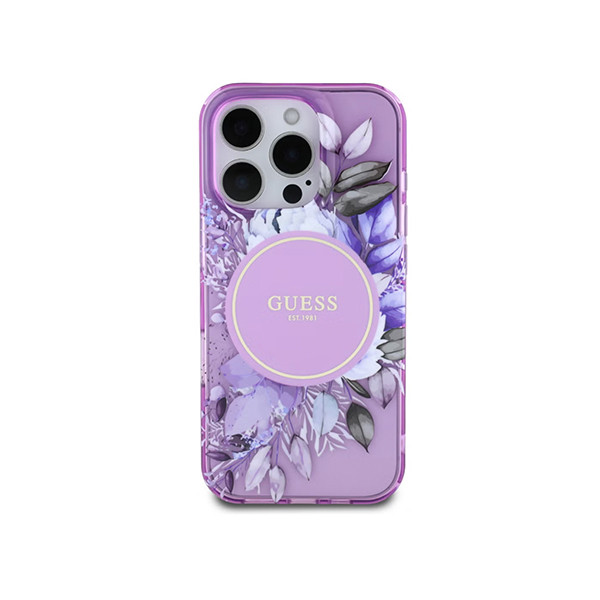 Guess Magsafe IML Transparent Hard case With Flower Design & Tonal Circle Logo Fo r iPhone 16 Pro Max - Purple, mobiles, lebanon, samsung, iphones, new, used, laptops, computers, huawei, phone, mobile prices in lebanon,mobile prices