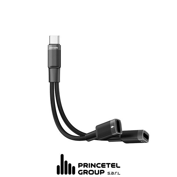 Porodo 2in1 Type-C to 2*Type C Jack Headphone and Charging Converter Adapter - Black - mobile shop in Hamra, Beirut, Lebanon. New and used phones, iPhone, Samsung, Huawei, Xiaomi, Oppo, Realme, Honor, Google Pixel, tablets, laptops, computers, and accessories. متجر موبايلات في الحمرا، بيروت، لبنان. هواتف جديدة ومستعملة، آيفون، سامسونج، هواوي، شاومي، أوبو، ريلمي، هونر، جوجل بيكسل، أجهزة لوحية، لابتوبات، كمبيوترات، واكسسوارات.