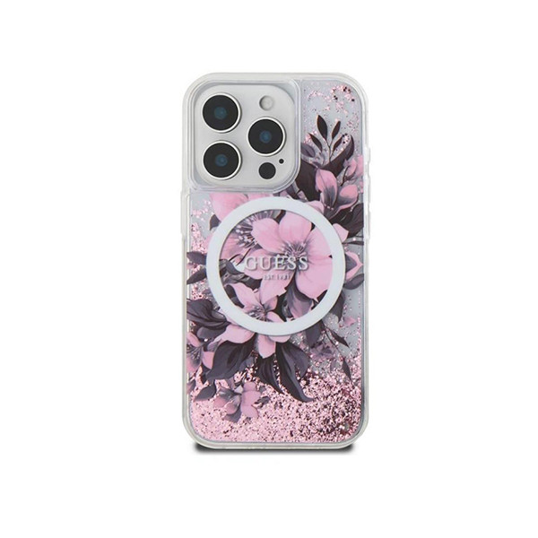 Guess Magsafe Liquid Glitter Hard Case With Flower Design For iPhone 16 Pro Max - Pink, mobiles, lebanon, samsung, iphones, new, used, laptops, computers, huawei, phone, mobile prices in lebanon,mobile prices