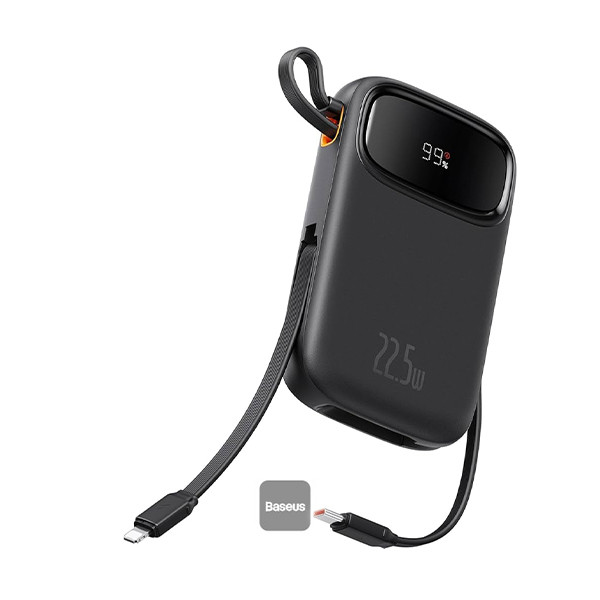 Baseus QPow2 10000mAh Digital Display Fast Charge Power Bank 22.5W With Built-in Dual-Cable Lightning And Type-C - Black, mobiles, lebanon, samsung, iphones, new, used, laptops, computers, huawei, phone, mobile prices in lebanon,mobile prices