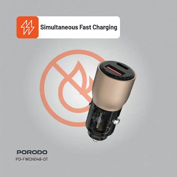 Porodo 95W  Transparent USB A+C Port Car  Charger - Desert Titanium - mobile shop in Hamra, Beirut, Lebanon. New and used phones, iPhone, Samsung, Huawei, Xiaomi, Oppo, Realme, Honor, Google Pixel, tablets, laptops, computers, and accessories. متجر موبايلات في الحمرا، بيروت، لبنان. هواتف جديدة ومستعملة، آيفون، سامسونج، هواوي، شاومي، أوبو، ريلمي، هونر، جوجل بيكسل، أجهزة لوحية، لابتوبات، كمبيوترات، واكسسوارات.