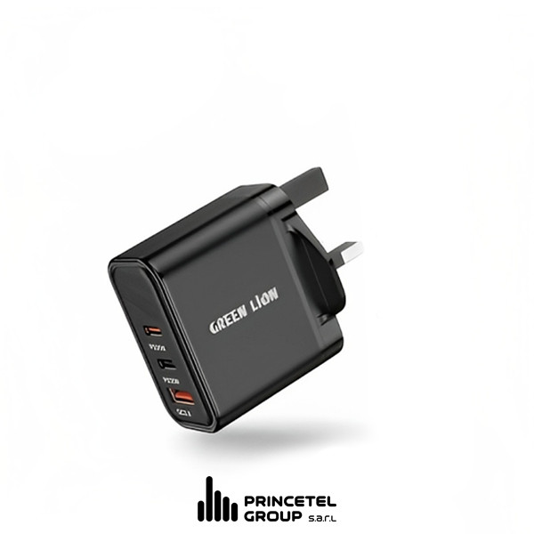 Green Ultra Quick 3 Output Compact Charger With Type-A To Type-C And Type-C To Lightning Cable -Black - mobile shop in Hamra, Beirut, Lebanon. New and used phones, iPhone, Samsung, Huawei, Xiaomi, Oppo, Realme, Honor, Google Pixel, tablets, laptops, computers, and accessories. متجر موبايلات في الحمرا، بيروت، لبنان. هواتف جديدة ومستعملة، آيفون، سامسونج، هواوي، شاومي، أوبو، ريلمي، هونر، جوجل بيكسل، أجهزة لوحية، لابتوبات، كمبيوترات، واكسسوارات.