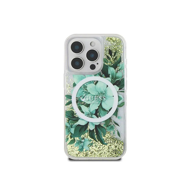 Guess Magsafe Liquid Glitter Hard Case With Flower Design For iPhone 16 Pro - Green, mobiles, lebanon, samsung, iphones, new, used, laptops, computers, huawei, phone, mobile prices in lebanon,mobile prices