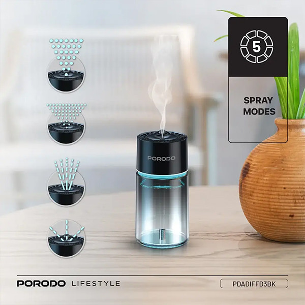 Porodo Valencia 300mah 120ML Diffuser With RGB - Black - mobile shop in Hamra, Beirut, Lebanon. New and used phones, iPhone, Samsung, Huawei, Xiaomi, Oppo, Realme, Honor, Google Pixel, tablets, laptops, computers, and accessories. متجر موبايلات في الحمرا، بيروت، لبنان. هواتف جديدة ومستعملة، آيفون، سامسونج، هواوي، شاومي، أوبو، ريلمي، هونر، جوجل بيكسل، أجهزة لوحية، لابتوبات، كمبيوترات، واكسسوارات.