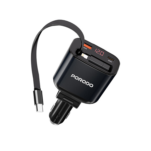 Porodo 105W Car Charger With Retractable Cable and Digital Display - Black, mobiles, lebanon, samsung, iphones, new, used, laptops, computers, huawei, phone, mobile prices in lebanon,mobile prices