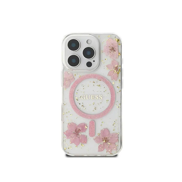 Guess Magsafe Hard Case With Resin Flowers Design For iPhone 16 Pro- Pink, mobiles, lebanon, samsung, iphones, new, used, laptops, computers, huawei, phone, mobile prices in lebanon,mobile prices