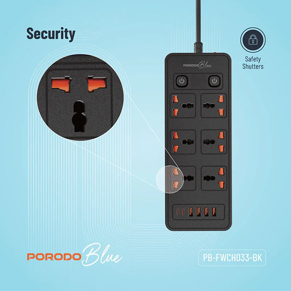 Porodo Blue 6 AC Power Socket With X2 USB-C X4 USB-A Port UK (3m wire) - Black - mobile shop in Hamra, Beirut, Lebanon. New and used phones, iPhone, Samsung, Huawei, Xiaomi, Oppo, Realme, Honor, Google Pixel, tablets, laptops, computers, and accessories. متجر موبايلات في الحمرا، بيروت، لبنان. هواتف جديدة ومستعملة، آيفون، سامسونج، هواوي، شاومي، أوبو، ريلمي، هونر، جوجل بيكسل، أجهزة لوحية، لابتوبات، كمبيوترات، واكسسوارات.
