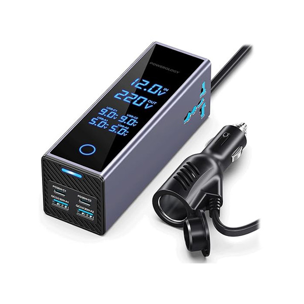Powerology 300W Car  Power Inverter Universal Plug with  Digital Display - Grey - mobile shop in Hamra, Beirut, Lebanon. New and used phones, iPhone, Samsung, Huawei, Xiaomi, Oppo, Realme, Honor, Google Pixel, tablets, laptops, computers, and accessories. متجر موبايلات في الحمرا، بيروت، لبنان. هواتف جديدة ومستعملة، آيفون، سامسونج، هواوي، شاومي، أوبو، ريلمي، هونر، جوجل بيكسل، أجهزة لوحية، لابتوبات، كمبيوترات، واكسسوارات.