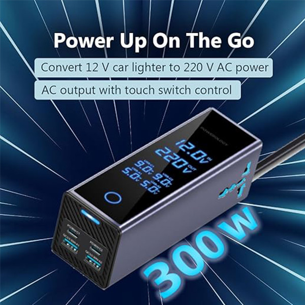 Powerology 300W Car  Power Inverter Universal Plug with  Digital Display - Grey - mobile shop in Hamra, Beirut, Lebanon. New and used phones, iPhone, Samsung, Huawei, Xiaomi, Oppo, Realme, Honor, Google Pixel, tablets, laptops, computers, and accessories. متجر موبايلات في الحمرا، بيروت، لبنان. هواتف جديدة ومستعملة، آيفون، سامسونج، هواوي، شاومي، أوبو، ريلمي، هونر، جوجل بيكسل، أجهزة لوحية، لابتوبات، كمبيوترات، واكسسوارات.