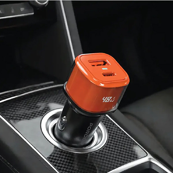 Porodo Averin Car  Charger USB-A & Type - C 48W -  Orange - mobile shop in Hamra, Beirut, Lebanon. New and used phones, iPhone, Samsung, Huawei, Xiaomi, Oppo, Realme, Honor, Google Pixel, tablets, laptops, computers, and accessories. متجر موبايلات في الحمرا، بيروت، لبنان. هواتف جديدة ومستعملة، آيفون، سامسونج، هواوي، شاومي، أوبو، ريلمي، هونر، جوجل بيكسل، أجهزة لوحية، لابتوبات، كمبيوترات، واكسسوارات.
