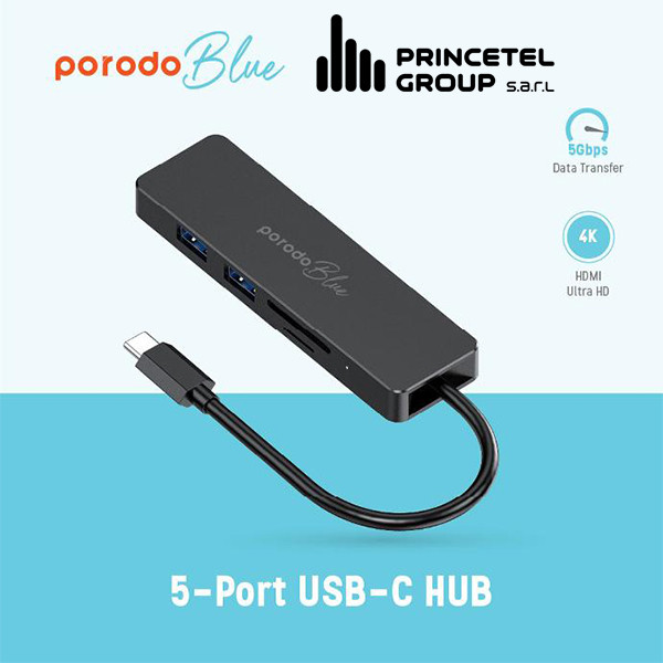 Porodo Blue 5 in 1 USB-C Hub  HDMI USB SD MicroSD 4K 5Gbps  - Black - mobile shop in Hamra, Beirut, Lebanon. New and used phones, iPhone, Samsung, Huawei, Xiaomi, Oppo, Realme, Honor, Google Pixel, tablets, laptops, computers, and accessories. متجر موبايلات في الحمرا، بيروت، لبنان. هواتف جديدة ومستعملة، آيفون، سامسونج، هواوي، شاومي، أوبو، ريلمي، هونر، جوجل بيكسل، أجهزة لوحية، لابتوبات، كمبيوترات، واكسسوارات.