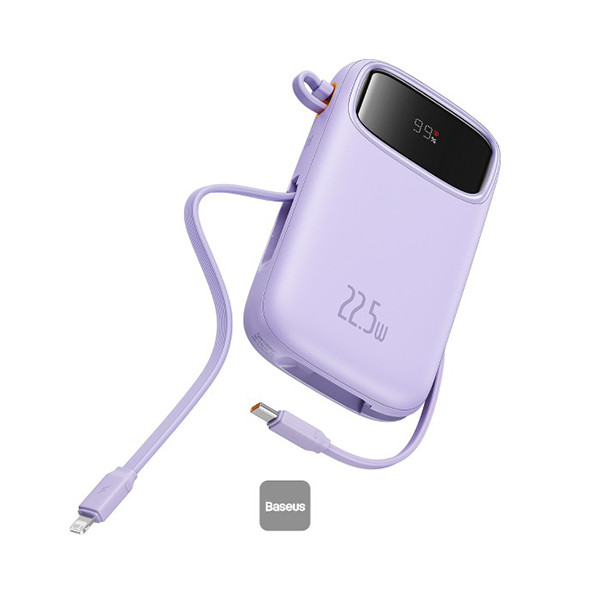Baseus QPow2 10000mAh Digital Display Fast Charge Power Bank 22.5W With Built-in Dual-Cable Lightning And Type-C - Purple, mobiles, lebanon, samsung, iphones, new, used, laptops, computers, huawei, phone, mobile prices in lebanon,mobile prices