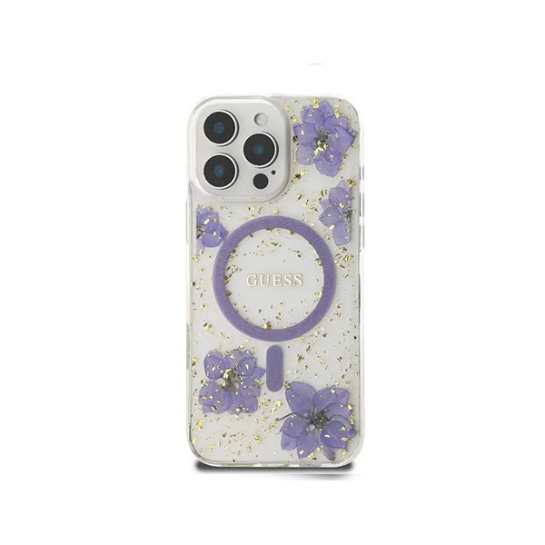 Guess Magsafe Hard Case With Resin Flowers Design For iPhone 16 Pro - Purple, mobiles, lebanon, samsung, iphones, new, used, laptops, computers, huawei, phone, mobile prices in lebanon,mobile prices