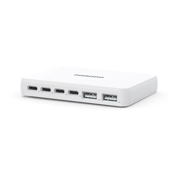 Porodo Unique 100W 4 Type C 2 USB A GaN Wall Charger with UK Plug - White - mobile shop in Hamra, Beirut, Lebanon. New and used phones, iPhone, Samsung, Huawei, Xiaomi, Oppo, Realme, Honor, Google Pixel, tablets, laptops, computers, and accessories. متجر موبايلات في الحمرا، بيروت، لبنان. هواتف جديدة ومستعملة، آيفون، سامسونج، هواوي، شاومي، أوبو، ريلمي، هونر، جوجل بيكسل، أجهزة لوحية، لابتوبات، كمبيوترات، واكسسوارات.