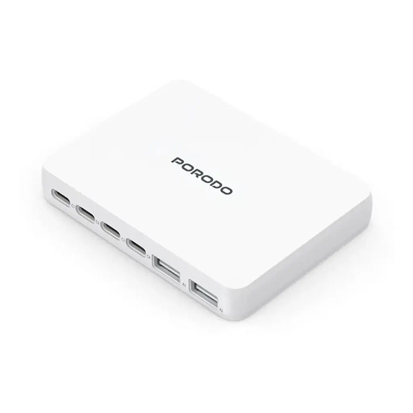 Porodo Unique 100W 4 Type C 2 USB A GaN Wall Charger with UK Plug - White - mobile shop in Hamra, Beirut, Lebanon. New and used phones, iPhone, Samsung, Huawei, Xiaomi, Oppo, Realme, Honor, Google Pixel, tablets, laptops, computers, and accessories. متجر موبايلات في الحمرا، بيروت، لبنان. هواتف جديدة ومستعملة، آيفون، سامسونج، هواوي، شاومي، أوبو، ريلمي، هونر، جوجل بيكسل، أجهزة لوحية، لابتوبات، كمبيوترات، واكسسوارات.
