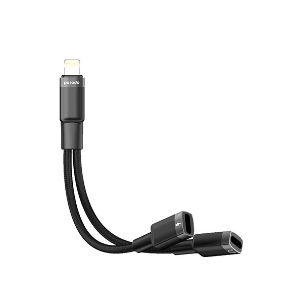 Porodo 2in1 Lightning to  2*Lightning Jack Headphone and Charging  Converter Adapter - Black, mobiles, lebanon, samsung, iphones, new, used, laptops, computers, huawei, phone, mobile prices in lebanon,mobile prices