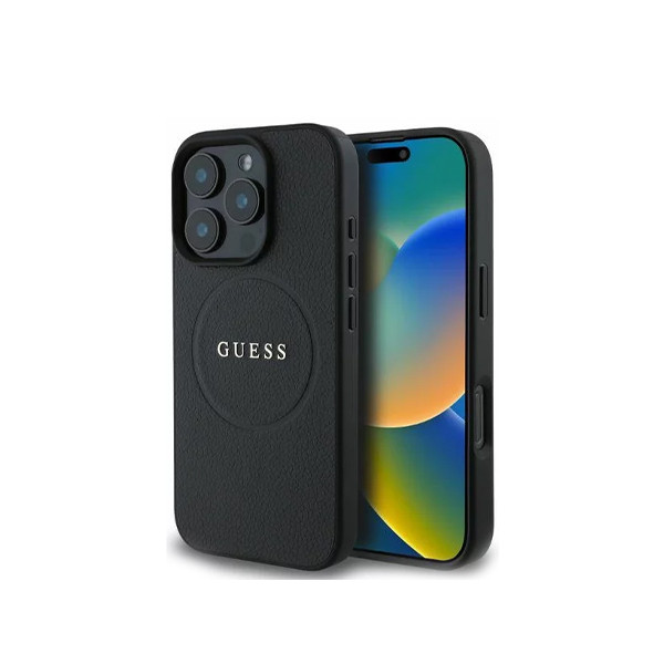 Guess Magsafe PU Grained Hard Case With Gold Ring For iPhone 16 Pro - Black, mobiles, lebanon, samsung, iphones, new, used, laptops, computers, huawei, phone, mobile prices in lebanon,mobile prices