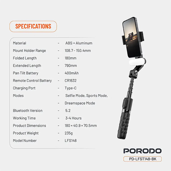 Porodo QuadBase Gimbal Stabilizer Selfie Stick Tripod with Fill Light & Detachable Remote - Black - mobile shop in Hamra, Beirut, Lebanon. New and used phones, iPhone, Samsung, Huawei, Xiaomi, Oppo, Realme, Honor, Google Pixel, tablets, laptops, computers, and accessories. متجر موبايلات في الحمرا، بيروت، لبنان. هواتف جديدة ومستعملة، آيفون، سامسونج، هواوي، شاومي، أوبو، ريلمي، هونر، جوجل بيكسل، أجهزة لوحية، لابتوبات، كمبيوترات، واكسسوارات.