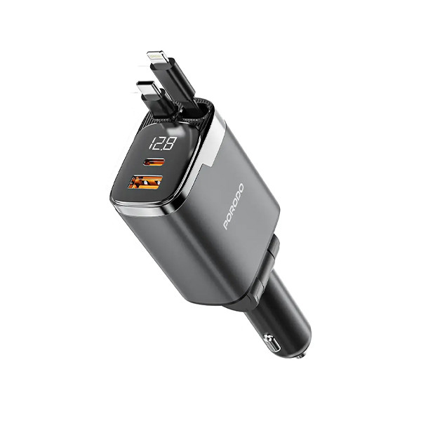 Porodo 111W Multi-  Port Car Charger with Built-in Type-C  + Lightning Cables + Digital Dis  isplay - Gray, mobiles, lebanon, samsung, iphones, new, used, laptops, computers, huawei, phone, mobile prices in lebanon,mobile prices