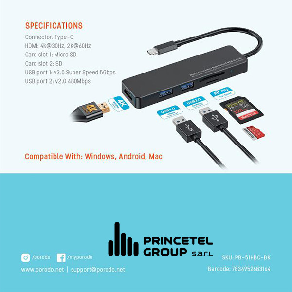 Porodo Blue 5 in 1 USB-C Hub  HDMI USB SD MicroSD 4K 5Gbps  - Black - mobile shop in Hamra, Beirut, Lebanon. New and used phones, iPhone, Samsung, Huawei, Xiaomi, Oppo, Realme, Honor, Google Pixel, tablets, laptops, computers, and accessories. متجر موبايلات في الحمرا، بيروت، لبنان. هواتف جديدة ومستعملة، آيفون، سامسونج، هواوي، شاومي، أوبو، ريلمي، هونر، جوجل بيكسل، أجهزة لوحية، لابتوبات، كمبيوترات، واكسسوارات.
