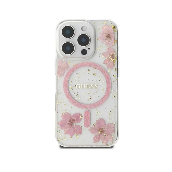 Guess Magsafe Hard Case With Resin Flowers Design For iPhone 16 Pro max- Pink, mobiles, lebanon, samsung, iphones, new, used, laptops, computers, huawei, phone, mobile prices in lebanon,mobile prices