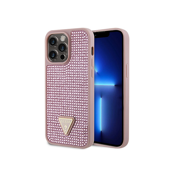 Guess Rhinestone Case with  Triangle Logo for iPhone 15 Promax - Pink, mobiles, lebanon, samsung, iphones, new, used, laptops, computers, huawei, phone, mobile prices in lebanon,mobile prices