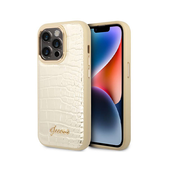 Guess PU Croco Hard Case With Script Logo For iPhone 16 Pro Max - Gold, mobiles, lebanon, samsung, iphones, new, used, laptops, computers, huawei, phone, mobile prices in lebanon,mobile prices