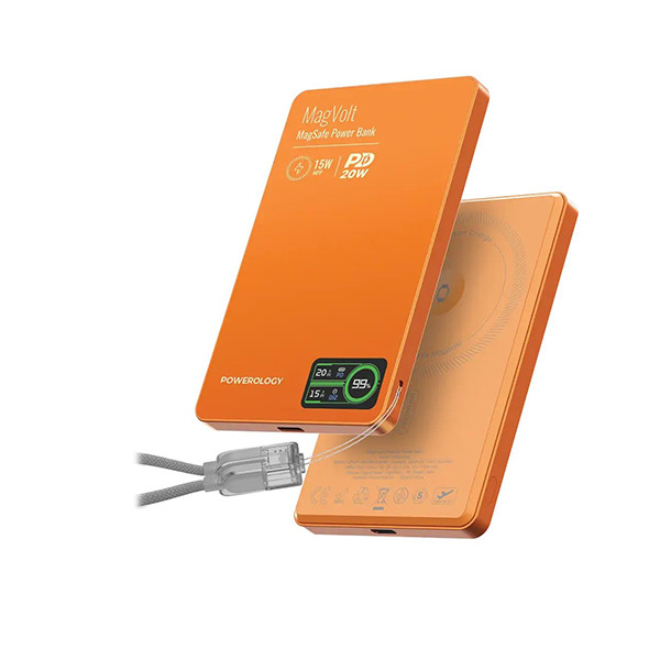 Powerology MagVolt  10000mAH TFT Display Ultra Slim  Magnetic Wireless Powerbank - Orange, mobiles, lebanon, samsung, iphones, new, used, laptops, computers, huawei, phone, mobile prices in lebanon,mobile prices