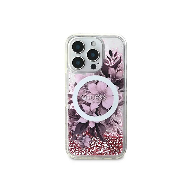 Guess Magsafe Liquid Glitter Hard Case With Flower Design For iPhone 16 Pro - Pink, mobiles, lebanon, samsung, iphones, new, used, laptops, computers, huawei, phone, mobile prices in lebanon,mobile prices