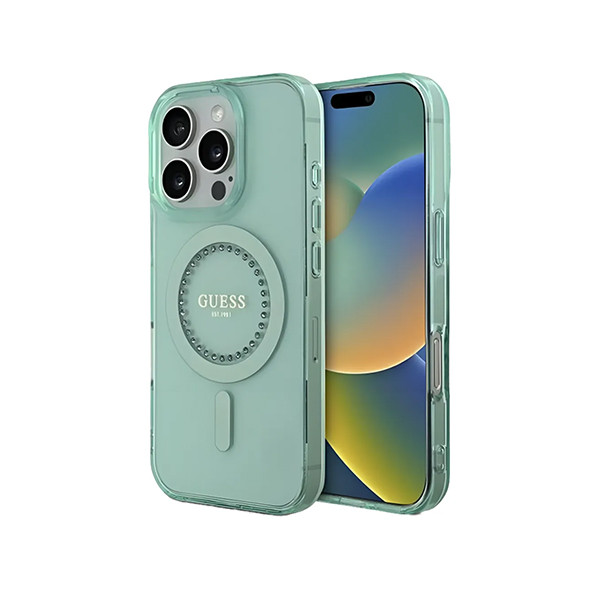 Guess MagSafe Hard Case Rhiestones Design 16 Pro Max Green - mobile shop in Hamra, Beirut, Lebanon. New and used phones, iPhone, Samsung, Huawei, Xiaomi, Oppo, Realme, Honor, Google Pixel, tablets, laptops, computers, and accessories. متجر موبايلات في الحمرا، بيروت، لبنان. هواتف جديدة ومستعملة، آيفون، سامسونج، هواوي، شاومي، أوبو، ريلمي، هونر، جوجل بيكسل، أجهزة لوحية، لابتوبات، كمبيوترات، واكسسوارات.