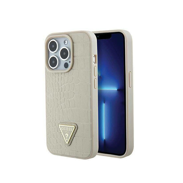 Guess Croco Case with  Triangle Logo for iPhone 15 Promax - Gold, mobiles, lebanon, samsung, iphones, new, used, laptops, computers, huawei, phone, mobile prices in lebanon,mobile prices