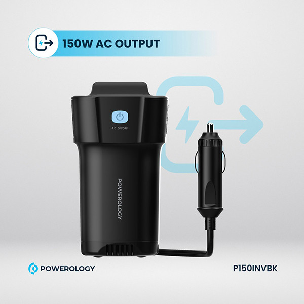 Powerology 150W Inverter AC Universal USB A 2*type-C DC Car 12V10A - Black - mobile shop in Hamra, Beirut, Lebanon. New and used phones, iPhone, Samsung, Huawei, Xiaomi, Oppo, Realme, Honor, Google Pixel, tablets, laptops, computers, and accessories. متجر موبايلات في الحمرا، بيروت، لبنان. هواتف جديدة ومستعملة، آيفون، سامسونج، هواوي، شاومي، أوبو، ريلمي، هونر، جوجل بيكسل، أجهزة لوحية، لابتوبات، كمبيوترات، واكسسوارات.