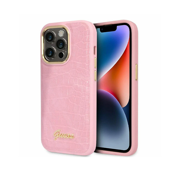 Guess PU Croco Hard Case With Script Logo For iPhone 16 Pro Max - Pink, mobiles, lebanon, samsung, iphones, new, used, laptops, computers, huawei, phone, mobile prices in lebanon,mobile prices