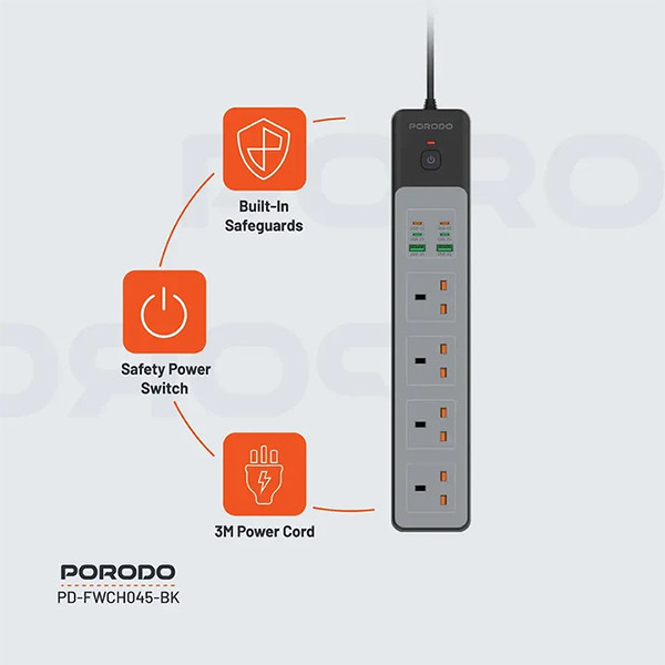 Porodo 4 AC Power Socket with USB A x2 USB C x4 UK 3M Wire - Black - mobile shop in Hamra, Beirut, Lebanon. New and used phones, iPhone, Samsung, Huawei, Xiaomi, Oppo, Realme, Honor, Google Pixel, tablets, laptops, computers, and accessories. متجر موبايلات في الحمرا، بيروت، لبنان. هواتف جديدة ومستعملة، آيفون، سامسونج، هواوي، شاومي، أوبو، ريلمي، هونر، جوجل بيكسل، أجهزة لوحية، لابتوبات، كمبيوترات، واكسسوارات.