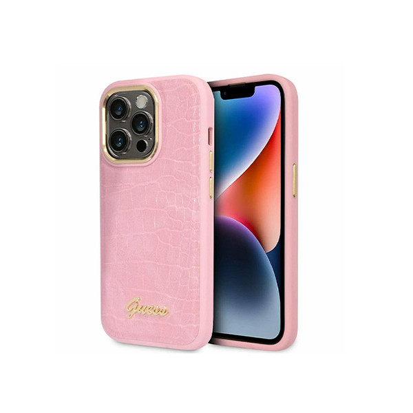 Guess PU Croco Hard Case With Script Logo For iPhone 16 Pro- Pink, mobiles, lebanon, samsung, iphones, new, used, laptops, computers, huawei, phone, mobile prices in lebanon,mobile prices