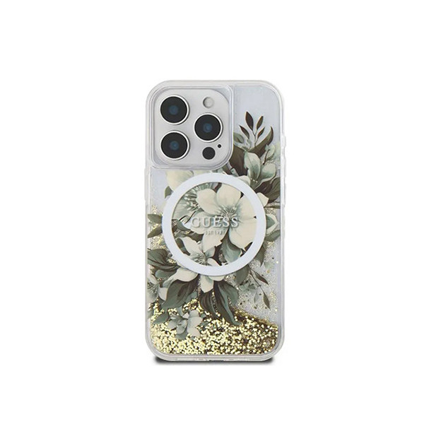 Guess Magsafe Liquid Glitter Hard Case With Flower Design For iPhone 16 Pro - Beige, mobiles, lebanon, samsung, iphones, new, used, laptops, computers, huawei, phone, mobile prices in lebanon,mobile prices