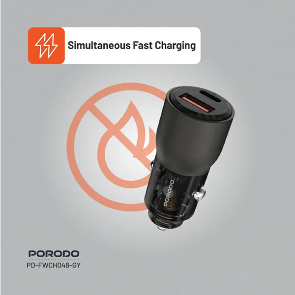 Porodo 96W  Transparent USB-A+C Port Car  Charger - Grey - mobile shop in Hamra, Beirut, Lebanon. New and used phones, iPhone, Samsung, Huawei, Xiaomi, Oppo, Realme, Honor, Google Pixel, tablets, laptops, computers, and accessories. متجر موبايلات في الحمرا، بيروت، لبنان. هواتف جديدة ومستعملة، آيفون، سامسونج، هواوي، شاومي، أوبو، ريلمي، هونر، جوجل بيكسل، أجهزة لوحية، لابتوبات، كمبيوترات، واكسسوارات.