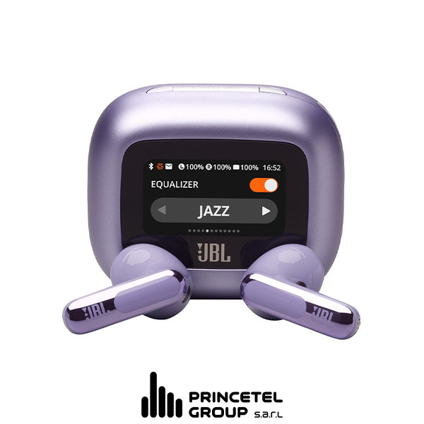 JBL Live Flex 3 True Wireless  Noise Cancelling Earbuds With Display - Purple - mobile shop in Hamra, Beirut, Lebanon. New and used phones, iPhone, Samsung, Huawei, Xiaomi, Oppo, Realme, Honor, Google Pixel, tablets, laptops, computers, and accessories. متجر موبايلات في الحمرا، بيروت، لبنان. هواتف جديدة ومستعملة، آيفون، سامسونج، هواوي، شاومي، أوبو، ريلمي، هونر، جوجل بيكسل، أجهزة لوحية، لابتوبات، كمبيوترات، واكسسوارات.