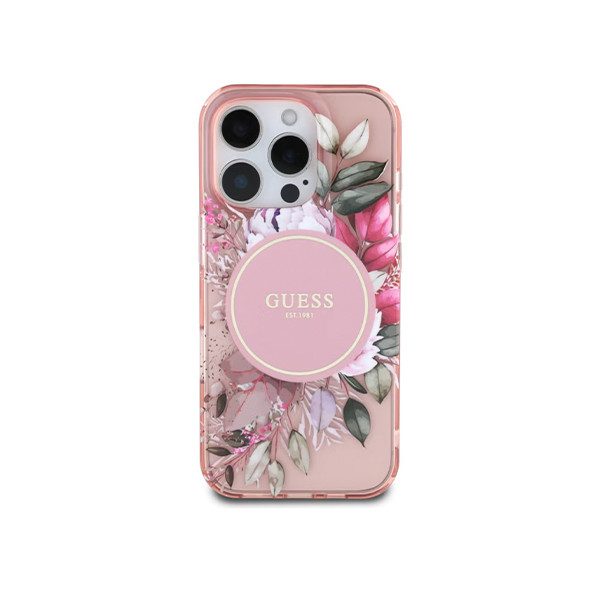 Guess Magsafe IML Transparent Hard case With Flower Design & Tonal Circle Logo Fo r iPhone 16 Pro Max - Pink, mobiles, lebanon, samsung, iphones, new, used, laptops, computers, huawei, phone, mobile prices in lebanon,mobile prices