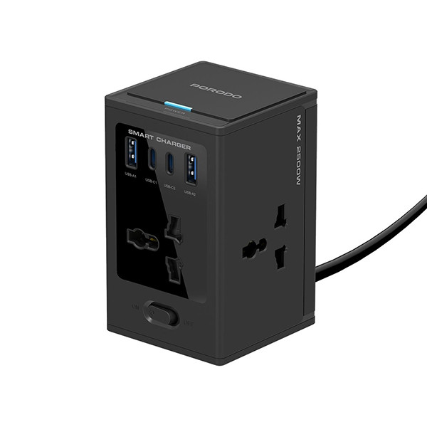 Porodo Cube Power Socket with Universal 4x Ac plugs with 2C GAN 30W - Black - mobile shop in Hamra, Beirut, Lebanon. New and used phones, iPhone, Samsung, Huawei, Xiaomi, Oppo, Realme, Honor, Google Pixel, tablets, laptops, computers, and accessories. متجر موبايلات في الحمرا، بيروت، لبنان. هواتف جديدة ومستعملة، آيفون، سامسونج، هواوي، شاومي، أوبو، ريلمي، هونر، جوجل بيكسل، أجهزة لوحية، لابتوبات، كمبيوترات، واكسسوارات.