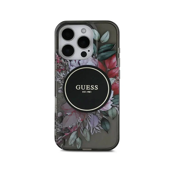 Guess Magsafe IML Hard Case With Flower Design & Pearl Strap For iPhone 16 Pro Max - Black, mobiles, lebanon, samsung, iphones, new, used, laptops, computers, huawei, phone, mobile prices in lebanon,mobile prices